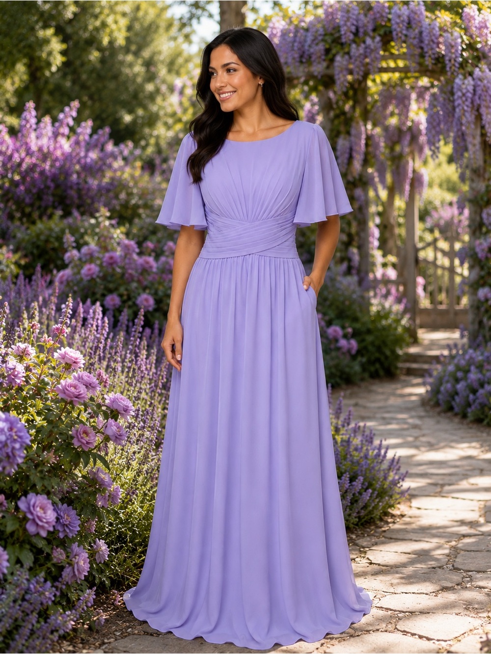 #281 Lavender Flutter-Sleeve Chiffon Maxi Dress-Medium- Size 10